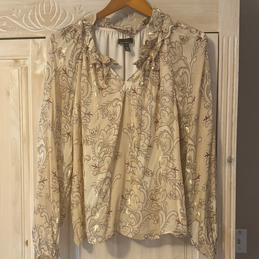Light Cream Floral Ruffle Neck Long-Sleeve Blouse